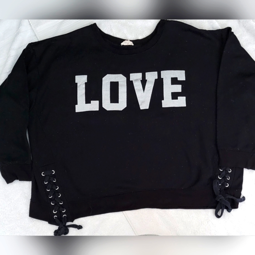Black Sweatshirt with love in sliver with cross ties on the side